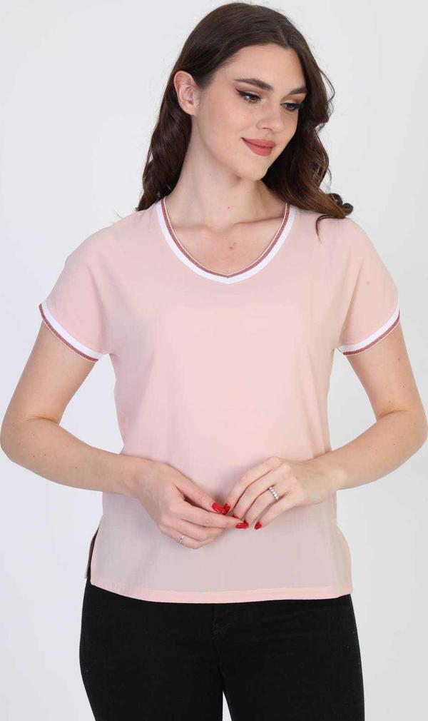 Ella Camelia Kadın Yakası ve Kolları Simli Şerit Detaylı Bluz 5010022 Pudra - Image 1
