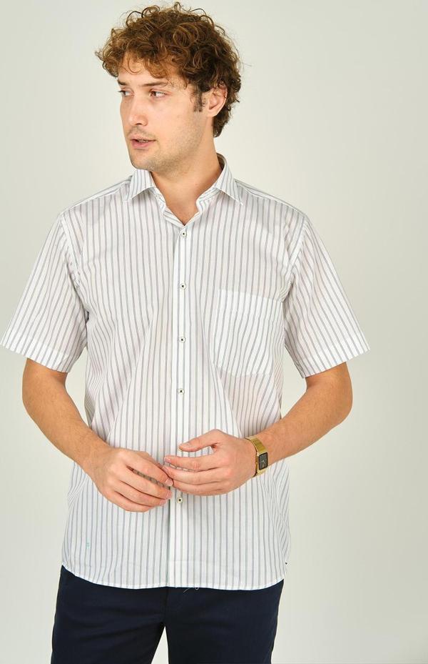 Mugi Erkek Çizgili Tek Cep Detaylı Kısa Kollu %100 Pamuk Gömlek 2001 Yeşil - Image 1