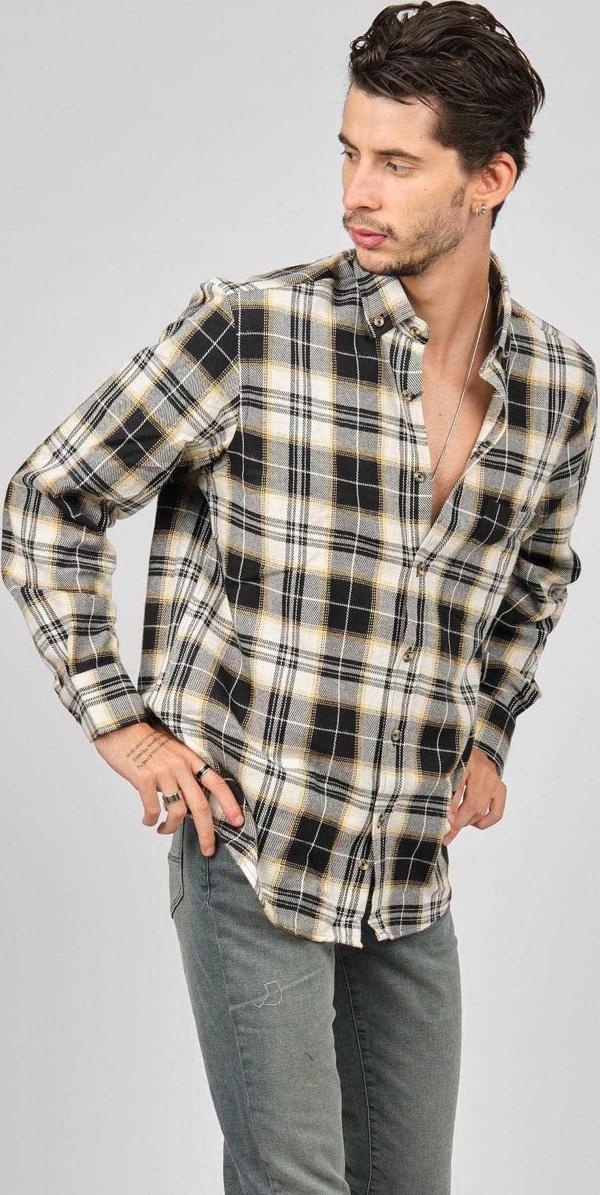 De Leone Erkek Çizgili Uzun Kollu Yün Apre Gömlek 0171109 Ekru - Image 1