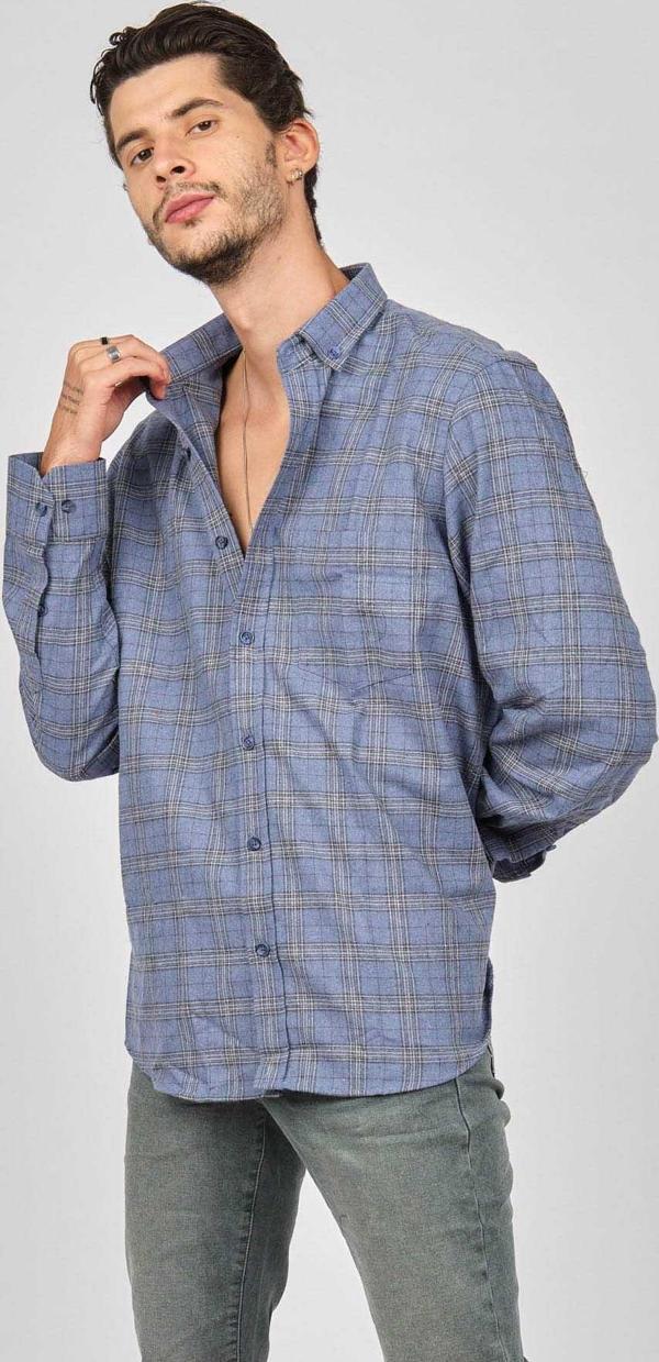 De Leone Erkek Çizgili Uzun Kollu Yün Apre Gömlek 0171110 Indigo - Image 1