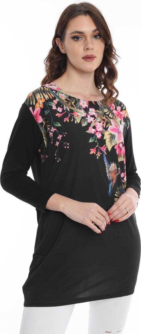 Ella Camelia Kadın Çiçek Desenli Uzun Bluz 5010069 Siyah - Image 1