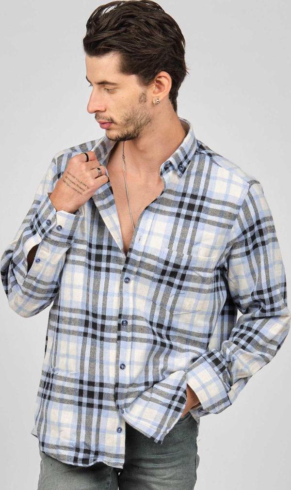 De Leone Erkek Çizgili Uzun Kollu Yün Apre Gömlek 0171113 Mavi - Image 1