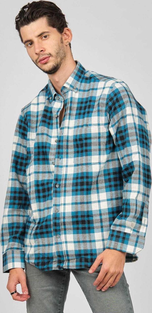 De Leone Erkek Çizgili Uzun Kollu Yün Apre Gömlek 0171113 Petrol - Image 1