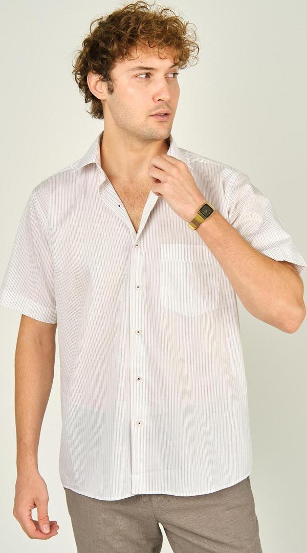 Mugi Erkek Çizgili Tek Cep Detaylı Kısa Kollu %100 Pamuk Gömlek 2003 Kırmızı - Image 1