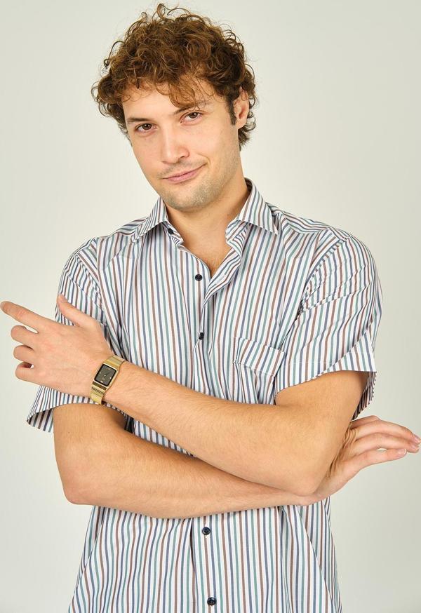 Mugi Erkek Çizgili Tek Cep Detaylı Kısa Kollu Pamuklu Gömlek 2004 Yeşil - Image 1