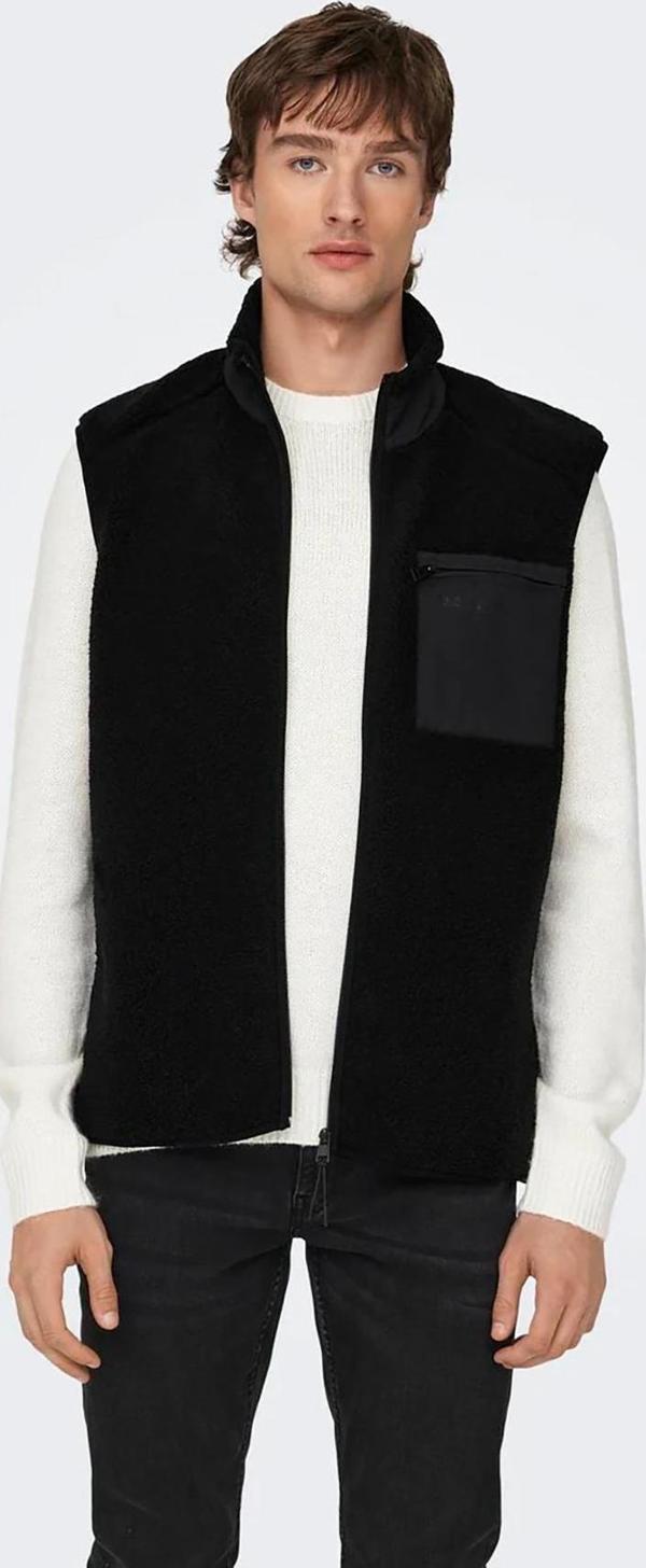 Only & Sons Erkek Onsdallas Dik Yaka Tek Cepli Teddy Kumaş Yelek 22025611 Siyah - Image 1