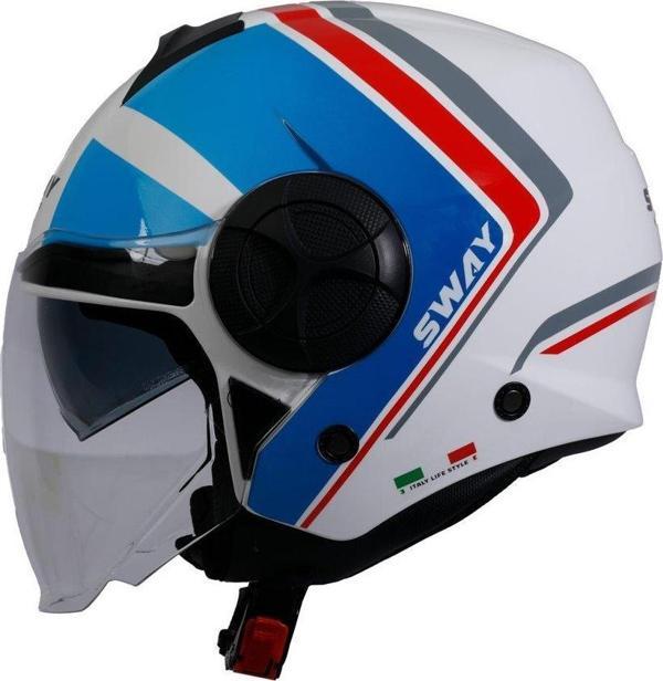 Sway 737 Şeffaf Vizörlü Güneş Gözlüklü Yarım Motosiklet Scooter Kaskı XL Beden Double With Blue Red - Image 1