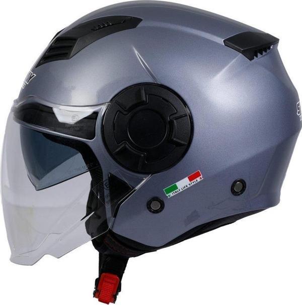 Sway 766 Geko Güneş Gözlüklü Yarım Motosiklet Kaskı 2XL Beden Gloss Gri - Image 1