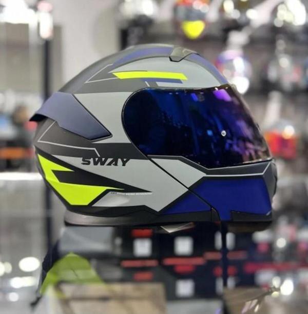 Sway 912 Full Face İridyum Vizör Çene Açılır Motosiklet Kaskı M Beden B1 Blue+1 Şeffaf Vizör Hediye - Image 1