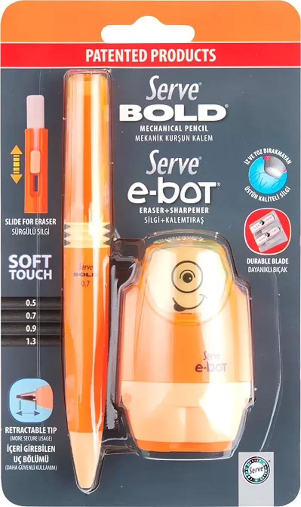 SERVE BOLD VERSATİL KALEM+SİLGİ+KALEMTRAŞ SETİ 07 FOSFORLU TURUNCU (SV-BE) - Image 1