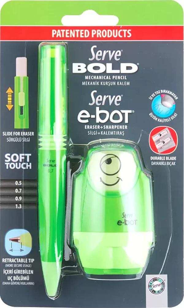 SERVE BOLD VERSATİL KALEM+SİLGİ+KALEMTRAŞ SETİ 07 FOSFORLU YEŞİL (SV-BE) - Image 1