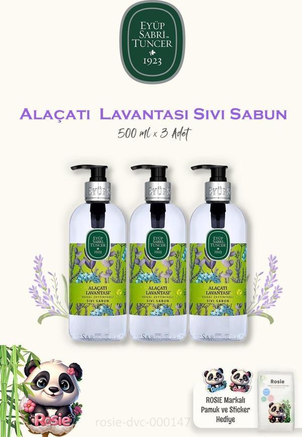 3 Adet Eyüp Sabri Tuncer Alaçatı Lavantası  Sıvı Sabun 500 ml ve 60'lı ROSIE Pamuk - Image 1