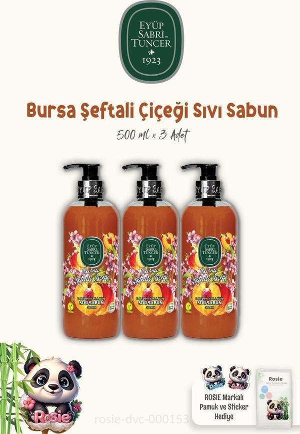 3 Adet Eyüp Sabri Tuncer Bursa Şeftali Çiçeği Sıvı Sabun 500 ml ve ROSIE Pamuk - Image 1
