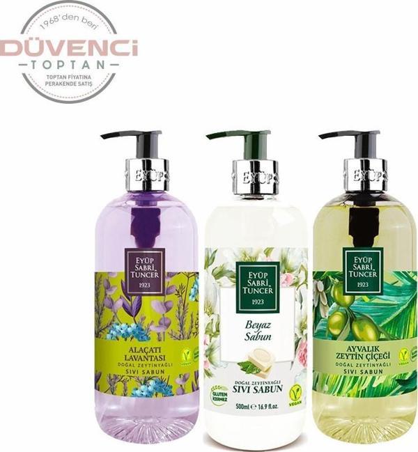 Düvenci Toptan Eyüp Sabri Tuncer Zeytin Çiçeği, Lavanta ve Beyaz SabunSıvı Sabun Seti 3' lü Paket 500 ML - Image 1