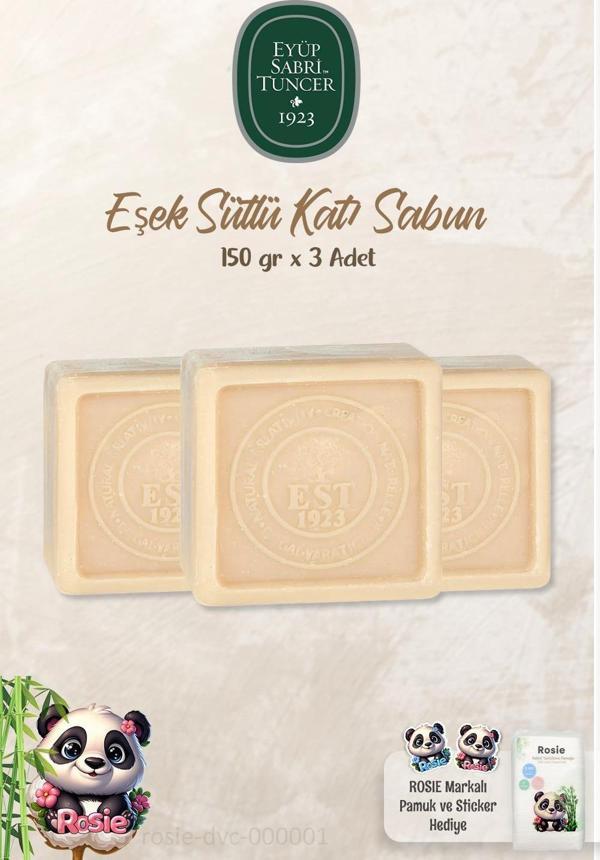 3 Adet Eyüp Sabri Tuncer Eşek Sütlü Katı Sabun 150 gr ve %100 Doğal ROSIE Pamuk - Image 1