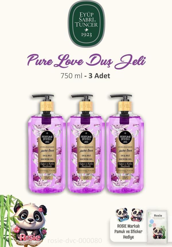 3 Adet Eyüp Sabri Tuncer Pure Love Duş Jeli 750 ml ve 60'lı Doğal Pamuk ROSIE - Image 1