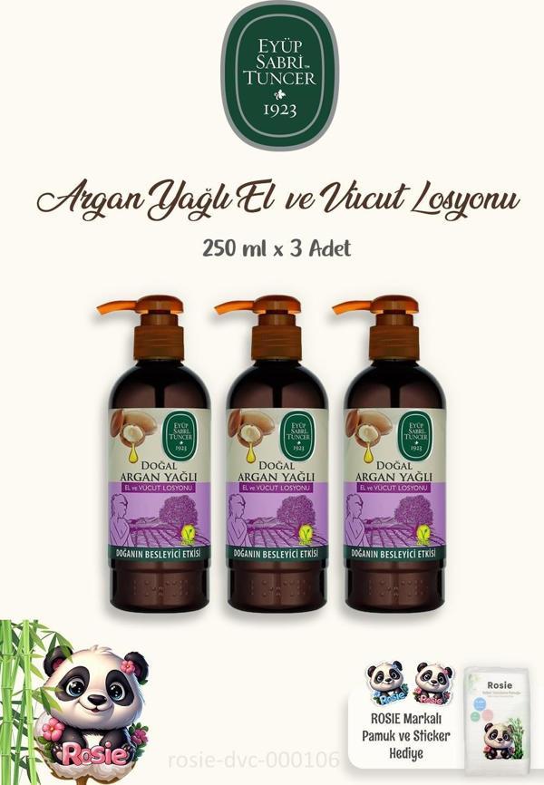 3 Adet Eyüp Sabri Tuncer Vücut Losyonu Argan 250 ml ve 60'lı %100 Pamuk ROSIE - Image 1