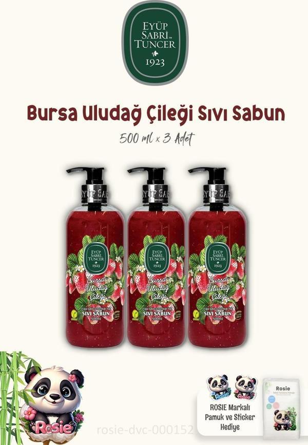 Eyüp Sabri Tuncer Bursa Uludağ Çileği Sıvı Sabun 500 ml 3 Adet ve ROSIE Pamuk - Image 1