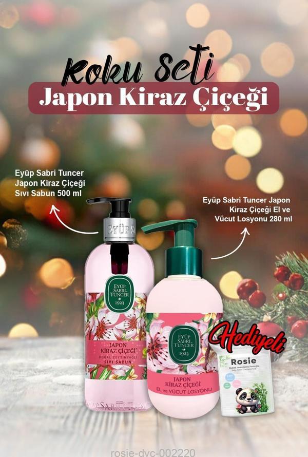 Eyüp Sabri Japon Kiraz Çiçeği Sıvı Sabun 500 ml, El ve Vücut Losyonu 280 ml ve Rosie Pamuk - Image 1