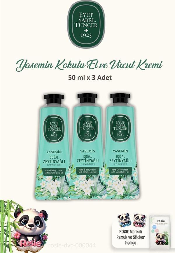 Eyüp Sabri Tuncer 3 Adet El ve Vücut Kremi Yasemin Kokulu 50 ml ve ROSIE Pamuk - Image 1
