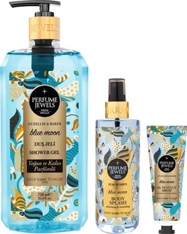 Eyüp Sabri Tuncer Blue Moon Duş Jeli 750 ml, Blue Moon Vücut Spreyi 250 ml,  Perfume Jewels Blue Moon El ve Vücut Kremi  - Image 1
