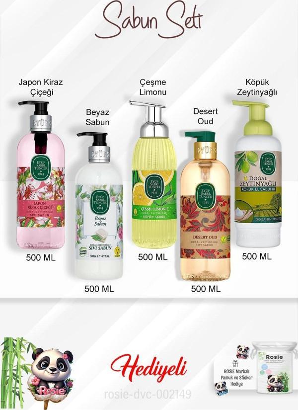 500 ML Sabun Paket Zeytinyağlı, Desert Oud, Beyaz Sabun, Çeşme Limonu, Japon Kiraz Çiçeği ve Rosie - Image 1