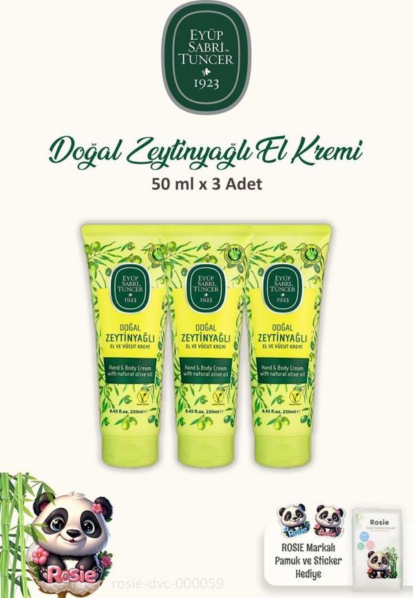 Eyüp Sabri Tuncer Doğal Zeytinyağlı El Kremi 3 Adet 50 ml ve ROSIE 60'lı Pamuk - Image 1
