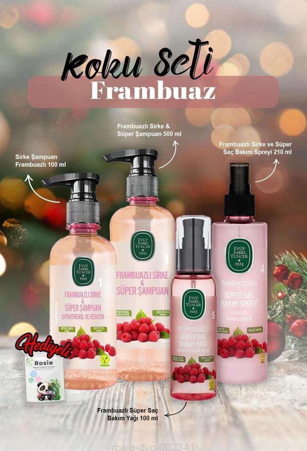 Frambuazlı Şampuan 500 ml ve 100 ml Bakım Yağı 100 ml, Sprey 210 ml ve Rosie Hediye - Image 1