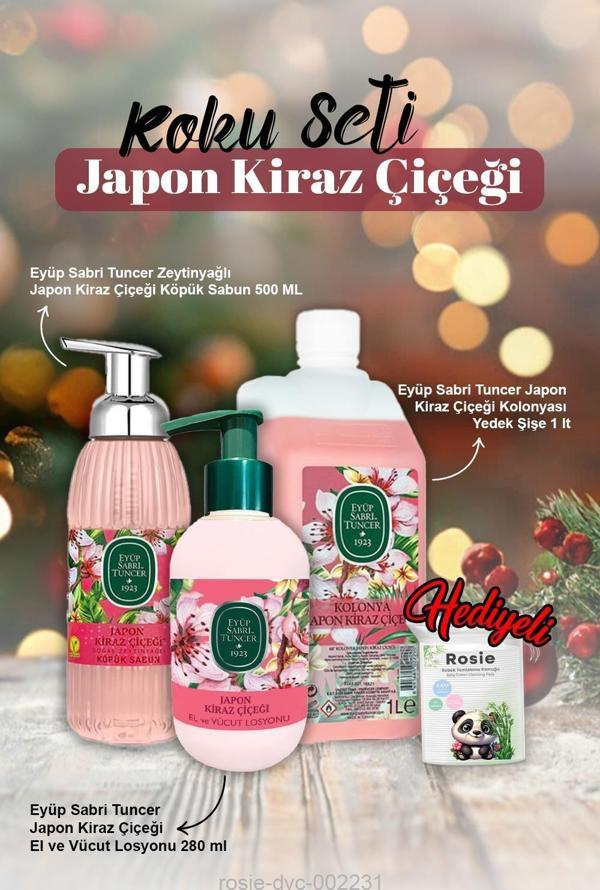 Japon Kiraz Çiçeği Köpük Sabun 500ml, Kolonya 1lt, Losyon 280ml ve Rosie Pamuk - Image 1