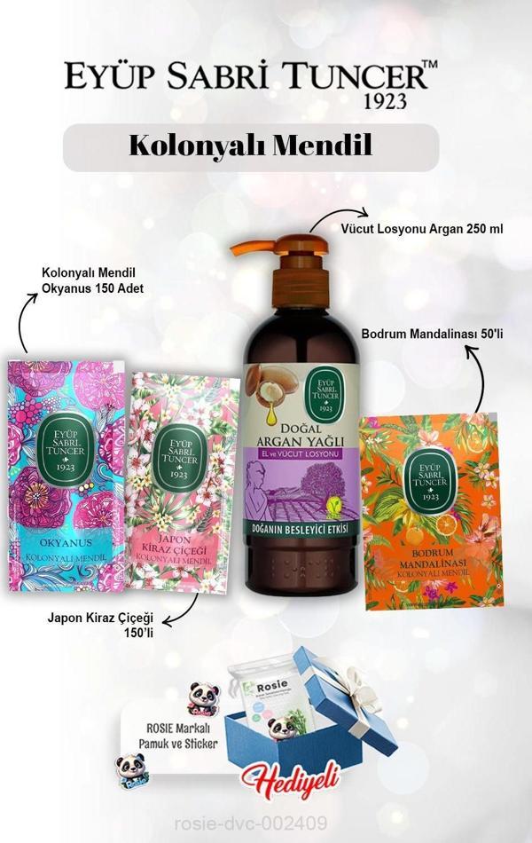 Mandalina 50'li, Okyanus ve Kiraz Çiçeği 150'li, Argan Yağlı Losyon 280 ml ve Rosie - Image 1