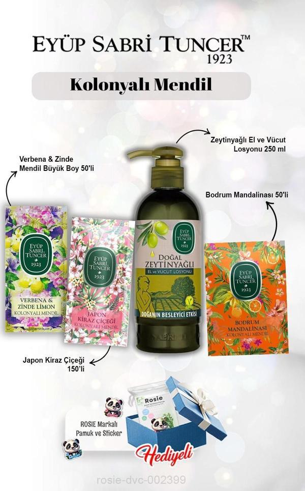 Kolonyalı Mendil Verbena 50'li, Kiraz Çiçeği 150'li, Mandalina 50'li, Zeytinyağlı Losyon 250 ml ve Rosie - Image 1