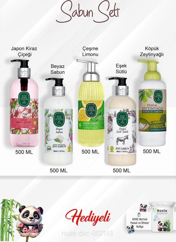 Sabun Paket 500 ML Zeytinyağlı, Eşek Sütlü, Beyaz Sabun, Çeşme Limonu, Japon Kiraz Çiçeği ve Rosie - Image 1