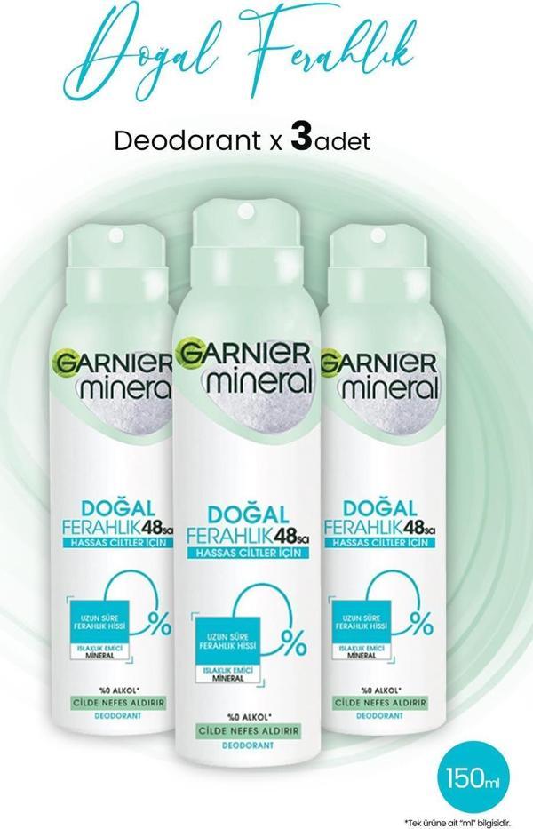 Garnier Mineral 48 Saat Doğal Ferahlık Kadın Sprey Deodorant 150 ml x 3 Adet - Image 1