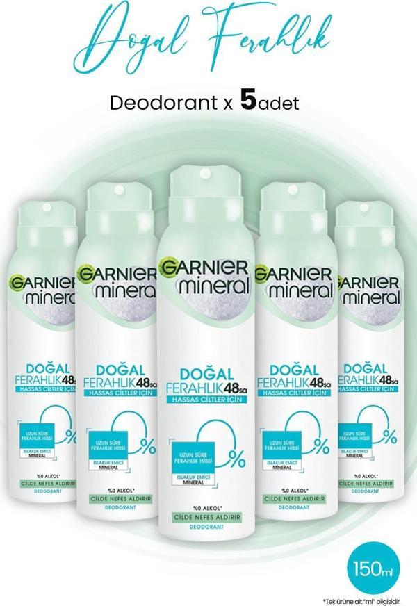Garnier Mineral 48 Saat Doğal Ferahlık Kadın Sprey Deodorant 150 ml x 5 Adet - Image 1