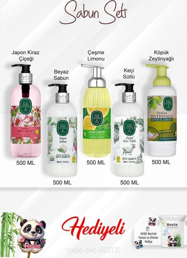 Sabun Paketi Çeşme Limonu, Keçi Sütlü, Japon Kiraz Çiçeği, Beyaz Sabun, Zeytinyağlı 500 ML ve Rosie - Image 1