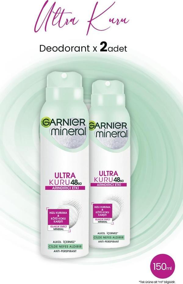 Garnier Mineral 48 Saat Ultra Kuru Sprey Deodorant 150 ML x 2 Adet - Image 1