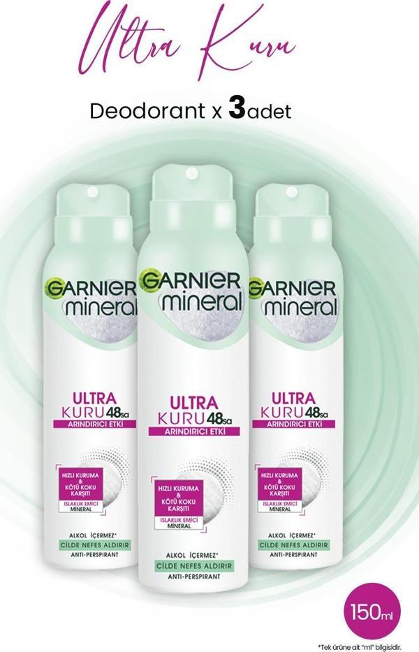 Garnier Mineral 48 Saat Ultra Kuru Sprey Deodorant 150 ML x 3 Adet - Image 1