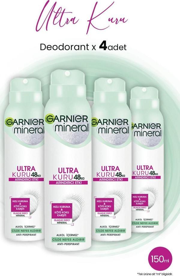 Garnier Mineral 48 Saat Ultra Kuru Sprey Deodorant 150 ML x 4 Adet - Image 1