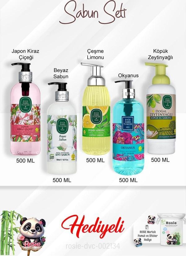 Sabun Paketi Okyanus, Çeşme Limonu, Japon Kiraz Çiçeği, Beyaz Sabun, Zeytinyağlı 500 ML ve Rosie - Image 1