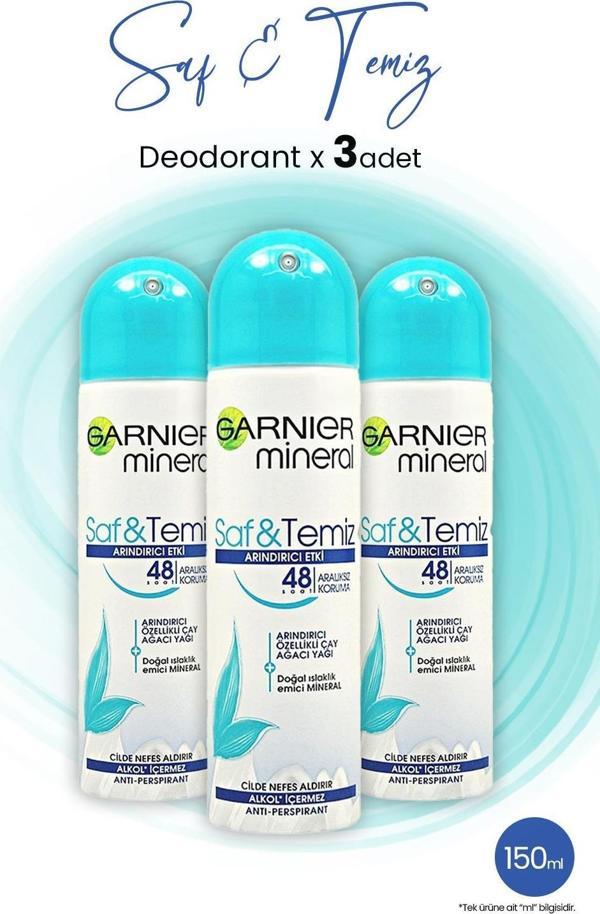 Garnier Mineral Saf ve Temiz Sprey Deodorant 48 Saat 150 ML x 3 Adet - Image 1