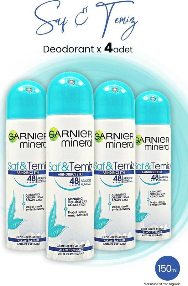 Garnier Mineral Saf ve Temiz Sprey Deodorant 48 Saat 150 ML x 4 Adet - Image 1