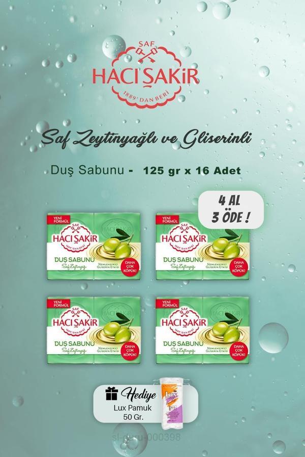 4 AL 3 ÖDE Hacı Şakir Saf Zeytinyağlı Duş Sabunu 4x4 Adet, Pamuk Hediyeli - Image 1