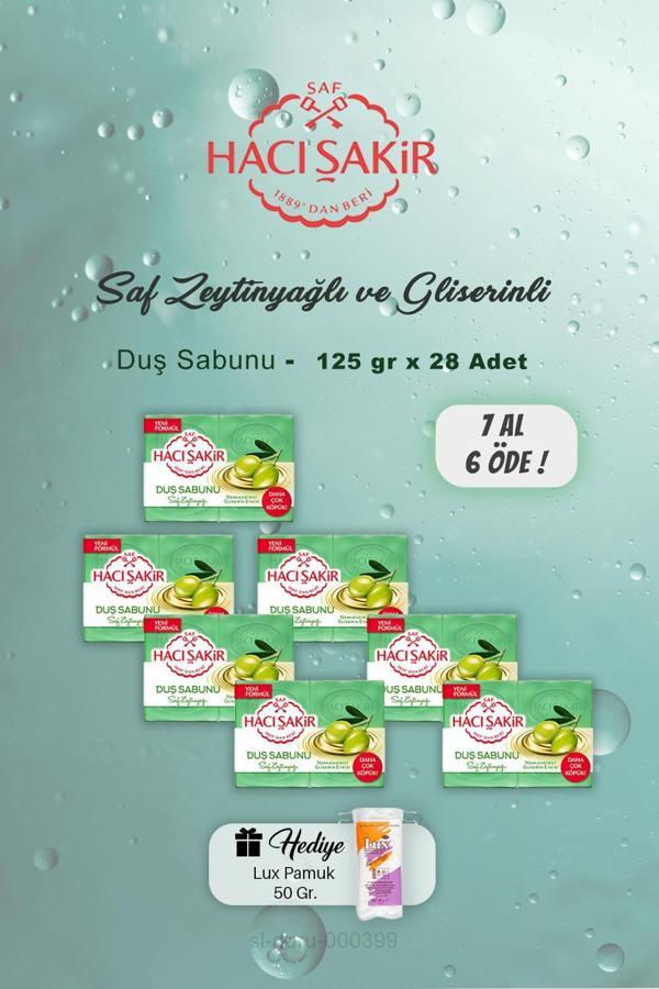 7 AL 6 ÖDE Hacı Şakir Saf Zeytinyağlı Duş Sabunu 7x4 Adet, Pamuk Hediyeli - Image 1