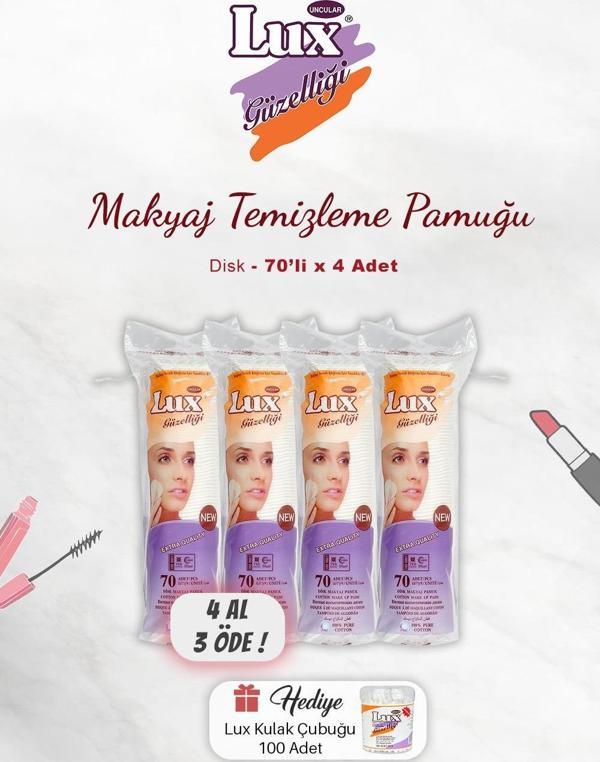 4 AL 3 ÖDE Lux Disk Makyaj Pamuğu 70'li, Kulak Çubuğu Hediyeli - Image 1