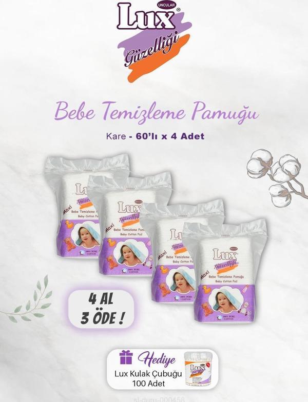 4 AL 3 ÖDE Lux Kare Bebe Temizleme Pamuğu 60' lı, Kulak Çubuğu Hediyeli - Image 1