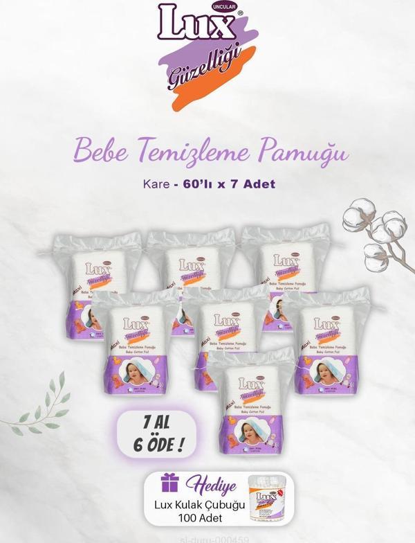 7  AL 6 ÖDE Lux Kare Bebe Temizleme Pamuğu 60' lı, Kulak Çubuğu Hediyeli - Image 1