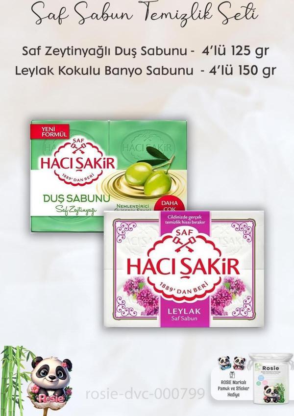 Hacı Şakir Saf Zeytinyağlı Gliserinli Duş Sabunu 4 x 125 gr,  Leylak Kokulu Banyo Sabunu 4 x 150 gr ve ROSIE - Image 1