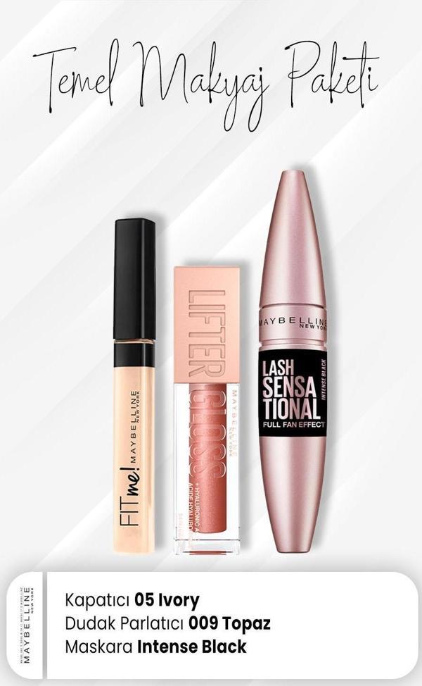 Maybelline New York Fit Me Kapatıcı 05, Full Fan Maskara Black ve Dudak Parlatıcı 009 Topaz - Image 1