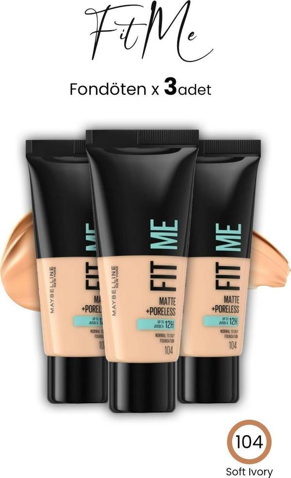 Maybelline Fit Me Matte+Poreless Fondöten 30 ML Soft Ivory 104 x 3 Adet - Image 1
