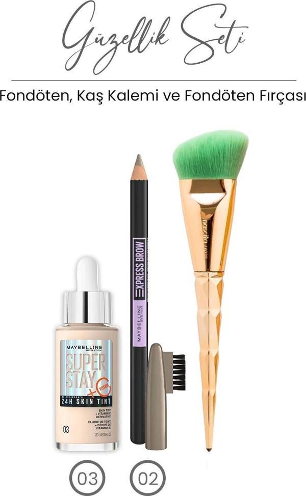 Maybelline Super Stay 24H Skin Tint Fondöten 30 ml - 03, Express Brow Kaş Kalemi - 02 Blonde ve Fondöten Fırçası - Image 1